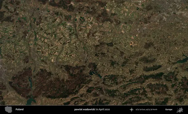 powiat wadowicki. Nisan 2020 'de Copernicus Sentinel karolarından oluşan bir uydu görüntüsü üzerine Polonya' nın idari bölgesi