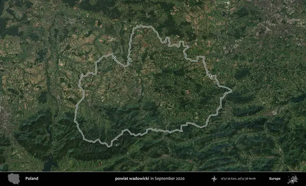 powiat wadowicki. Eylül 2020 'de çekilen Kopernik Nöbetçi karolarından oluşan bir uydu görüntüsü üzerine Polonya' nın idari bölgesinin ana hatlarını çizdim.