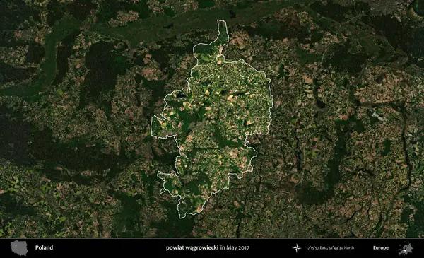 powiat wagrowiecki. Polonya 'nın idari alanı, Mayıs 2017' de çekilen Kopernik Nöbetçi karolarından oluşan koyu renkli bir uydu görüntüsü üzerinde vurgulandı ve özetlendi.