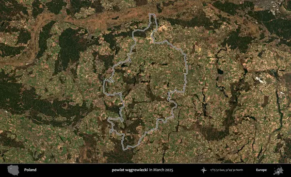 powiat wagrowiecki. Polonya 'nın idari bölgesinin ana hatları, Mart 2025' te çekilen Kopernik Nöbetçi karolarından oluşan bir uydu görüntüsü üzerine çizildi.