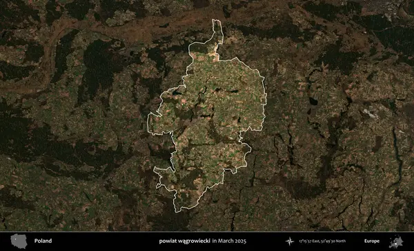 powiat wagrowiecki. Polonya 'nın idari alanı, Mart 2025' te çekilen Kopernik Nöbetçi karolarından oluşan koyu renkli bir uydu görüntüsü üzerine vurgulandı ve özetlendi