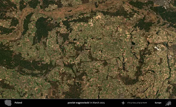 powiat wagrowiecki. Copernicus Sentinel 'in Mart 2025' te çekilmiş uydu görüntüsü üzerine Polonya 'nın idari bölgesi