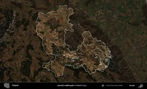 powiat walbrzyski. Polonya 'nın idari alanı, Mart 2025' te çekilen Kopernik Nöbetçi karolarından oluşan koyu renkli bir uydu görüntüsü üzerine vurgulandı ve özetlendi