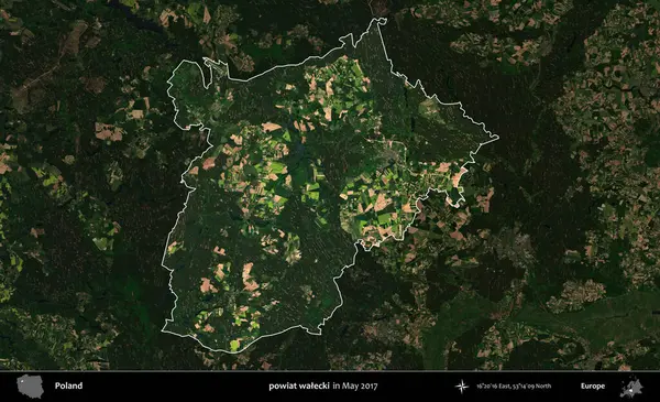 powiat walecki. Polonya 'nın idari alanı, Mayıs 2017' de çekilen Kopernik Nöbetçi karolarından oluşan koyu renkli bir uydu görüntüsü üzerinde vurgulandı ve özetlendi.
