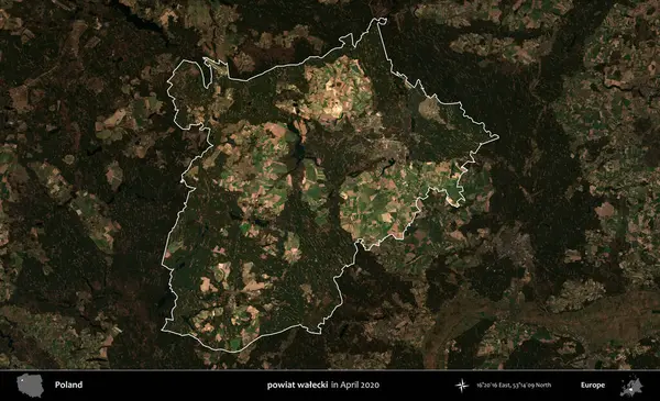 powiat walecki. Polonya 'nın idari alanı, Nisan 2020' de çekilen Kopernik Nöbetçi karolarından oluşan koyu renkli bir uydu görüntüsü üzerine vurgulandı ve özetlendi