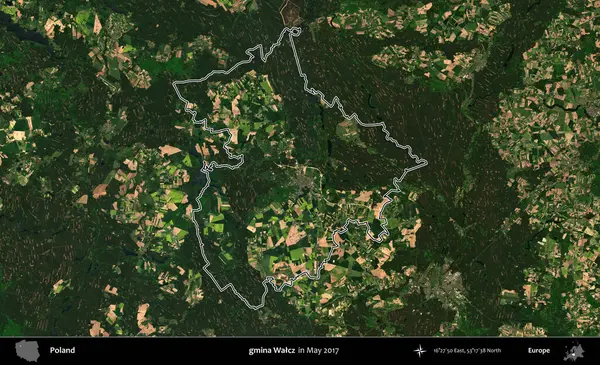 gmina Walcz. Mayıs 2017 'de çekilen Kopernik Nöbetçi karolarından oluşan bir uydu görüntüsü üzerine Polonya' nın idari bölgesinin ana hatlarını belirledik.