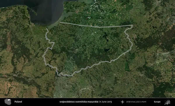 wojewodzz iki sıcak-mazurskie. Polonya 'nın idari bölgesini Haziran 2019' da çekilen Kopernik Nöbetçi karolarından oluşan bir uydu görüntüsüne göre özetledik.