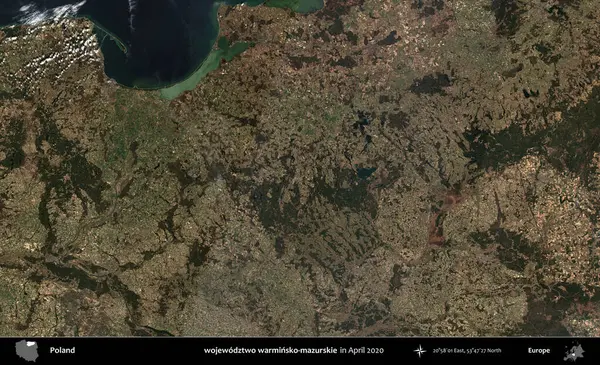 wojewodzz iki sıcak-mazurskie. Nisan 2020 'de Copernicus Sentinel karolarından oluşan bir uydu görüntüsü üzerine Polonya' nın idari bölgesi