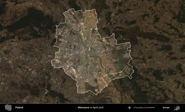 Warszawa 'da. Polonya 'nın idari alanı, Nisan 2018' de çekilen Kopernik Nöbetçi karolarından oluşan koyu renkli bir uydu görüntüsü üzerine vurgulandı ve özetlendi