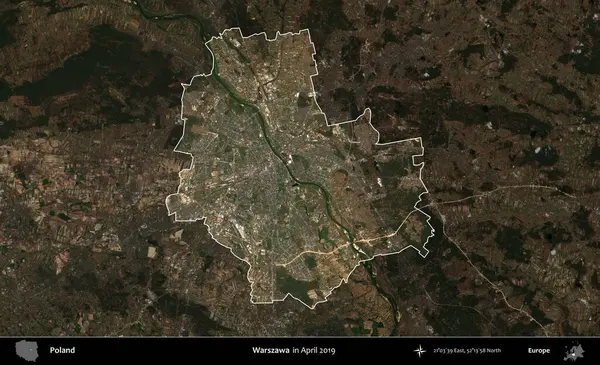 Warszawa 'da. Polonya 'nın idari alanı, Nisan 2019' da çekilen Kopernik Nöbetçi karolarından oluşan koyu renkli bir uydu görüntüsü üzerine vurgulandı ve özetlendi.