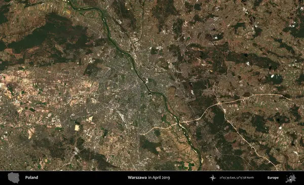 Warszawa 'da. Nisan 2019 'da çekilen Kopernik Sentinel karolarından oluşan bir uydu görüntüsü üzerine Polonya' nın idari bölgesi