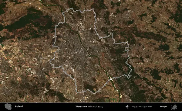 Warszawa 'da. Polonya 'nın idari bölgesinin ana hatları, Mart 2025' te çekilen Kopernik Nöbetçi karolarından oluşan bir uydu görüntüsü üzerine çizildi.