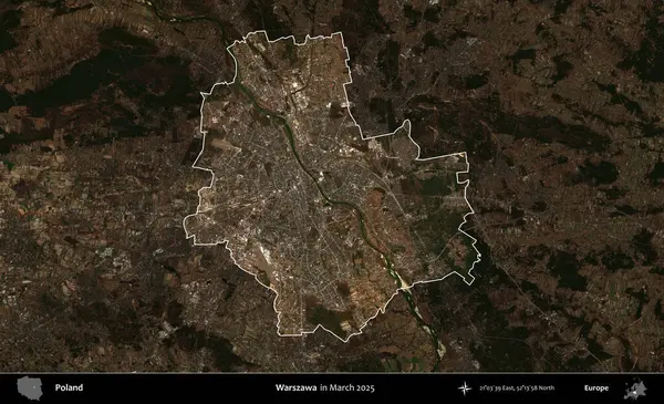 Warszawa 'da. Polonya 'nın idari alanı, Mart 2025' te çekilen Kopernik Nöbetçi karolarından oluşan koyu renkli bir uydu görüntüsü üzerine vurgulandı ve özetlendi