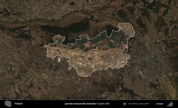 powiat warszawski zachodni. Polonya 'nın idari alanı, Nisan 2018' de çekilen Kopernik Nöbetçi karolarından oluşan koyu renkli bir uydu görüntüsü üzerine vurgulandı ve özetlendi