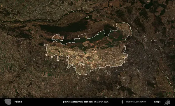 powiat warszawski zachodni. Polonya 'nın idari alanı, Mart 2025' te çekilen Kopernik Nöbetçi karolarından oluşan koyu renkli bir uydu görüntüsü üzerine vurgulandı ve özetlendi