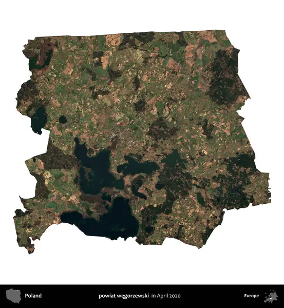 powiat wegorzewski. Polonya idari bölgesi, Nisan 2020 'de çekilen Kopernik Nöbetçi karolarından oluşan bir uydu görüntüsü üzerinde beyaza izole edildi.