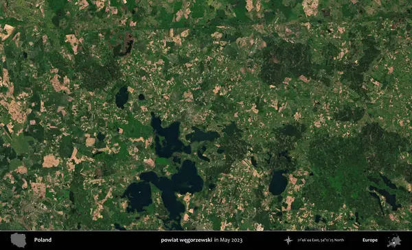 powiat wegorzewski. Copernicus Sentinel 'in Mayıs 2023' te çekilmiş uydu görüntüsü üzerine Polonya 'nın idari bölgesi.