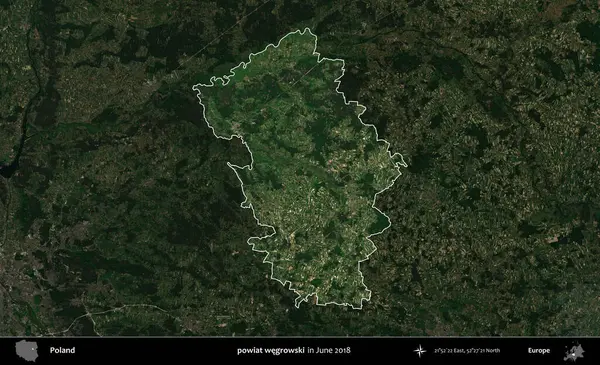 Powiat Wegroski. Polonya 'nın idari alanı, Haziran 2018' de çekilen Kopernik Nöbetçi karolarından oluşan koyu renkli bir uydu görüntüsüyle vurgulandı ve özetlendi