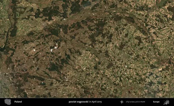 Powiat Wegroski. Nisan 2019 'da çekilen Kopernik Sentinel karolarından oluşan bir uydu görüntüsü üzerine Polonya' nın idari bölgesi