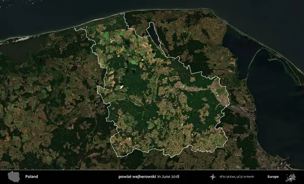 powiat wejherowski. Polonya 'nın idari alanı, Haziran 2018' de çekilen Kopernik Nöbetçi karolarından oluşan koyu renkli bir uydu görüntüsüyle vurgulandı ve özetlendi