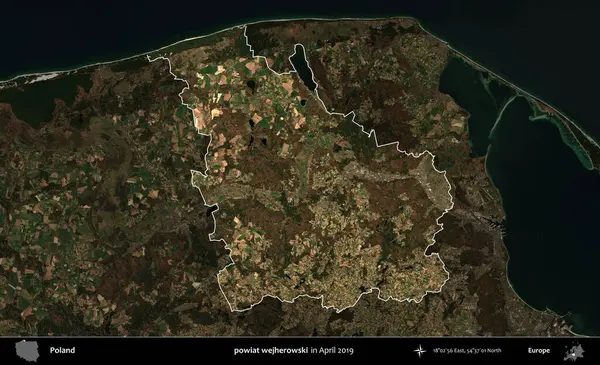 powiat wejherowski. Polonya 'nın idari alanı, Nisan 2019' da çekilen Kopernik Nöbetçi karolarından oluşan koyu renkli bir uydu görüntüsü üzerine vurgulandı ve özetlendi.
