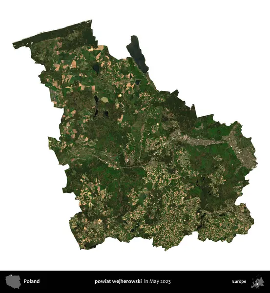 powiat wejherowski. Polonya 'nın idari bölgesi, Mayıs 2023' te çekilen Kopernik Nöbetçi Fayanslarından oluşan bir uydu görüntüsüyle beyaza izole edildi.