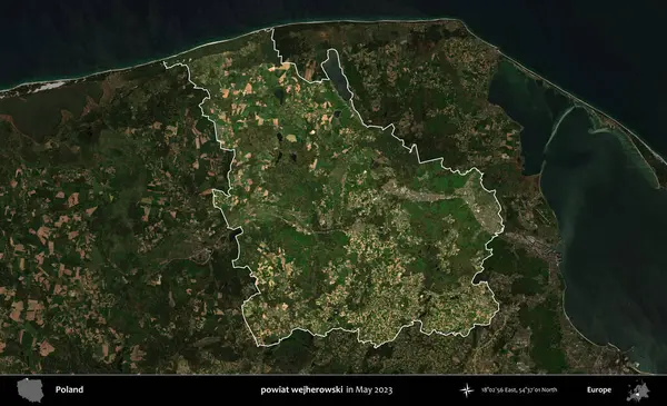 powiat wejherowski. Polonya 'nın idari alanı, Mayıs 2023' te çekilen Kopernik Nöbetçi karolarından oluşan koyu renkli bir uydu görüntüsü üzerinde vurgulandı ve özetlendi.