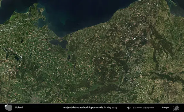 wojewodz2 zachodniopomorskie. Copernicus Sentinel 'in Mayıs 2023' te çekilmiş uydu görüntüsü üzerine Polonya 'nın idari bölgesi.