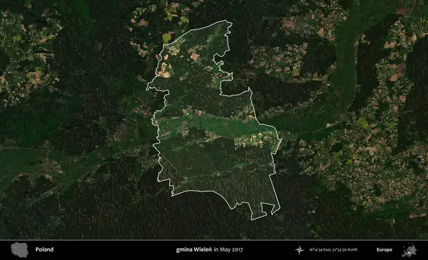 gmina Wielen. Polonya 'nın idari alanı, Mayıs 2017' de çekilen Kopernik Nöbetçi karolarından oluşan koyu renkli bir uydu görüntüsü üzerinde vurgulandı ve özetlendi.