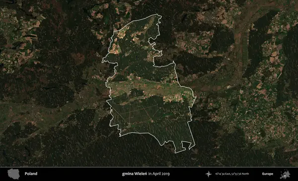gmina Wielen. Polonya 'nın idari alanı, Nisan 2019' da çekilen Kopernik Nöbetçi karolarından oluşan koyu renkli bir uydu görüntüsü üzerine vurgulandı ve özetlendi.