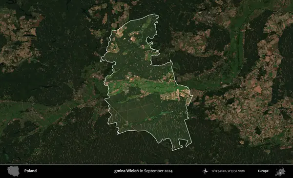 gmina Wielen. Polonya 'nın idari alanı, Eylül 2024' te çekilen Kopernik Nöbetçi karolarından oluşan koyu renkli bir uydu görüntüsü üzerine vurgulandı ve özetlendi