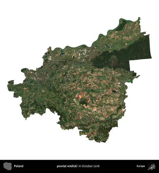 powiat wielicki. Polonya idari bölgesi, Ekim 2018 'de çekilen Kopernik Nöbetçi karolarından oluşan bir uydu görüntüsü üzerinde beyaza izole edildi.