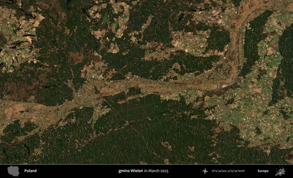 gmina Wielen. Copernicus Sentinel 'in Mart 2025' te çekilmiş uydu görüntüsü üzerine Polonya 'nın idari bölgesi