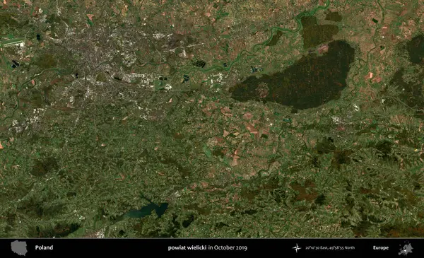 powiat wielicki. Polonya 'nın idari bölgesi Kopernik Sentinel' in Ekim 2019 'da çekilmiş uydu görüntüsü üzerine kurulmuştur.