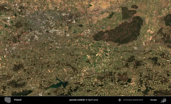 powiat wielicki. Nisan 2020 'de Copernicus Sentinel karolarından oluşan bir uydu görüntüsü üzerine Polonya' nın idari bölgesi