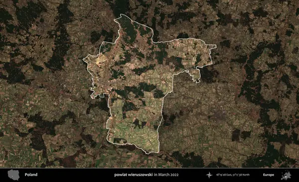 powiat wieruszowski. Polonya 'nın idari alanı, Mart 2022' de çekilen Kopernik Nöbetçi karolarından oluşan koyu renkli bir uydu görüntüsü üzerine vurgulandı ve özetlendi.