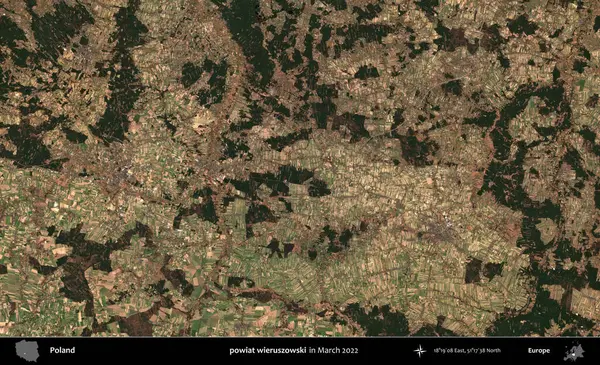 powiat wieruszowski. Copernicus Sentinel 'in Mart 2022' de çekilmiş uydu görüntüsü üzerine Polonya 'nın idari bölgesi.