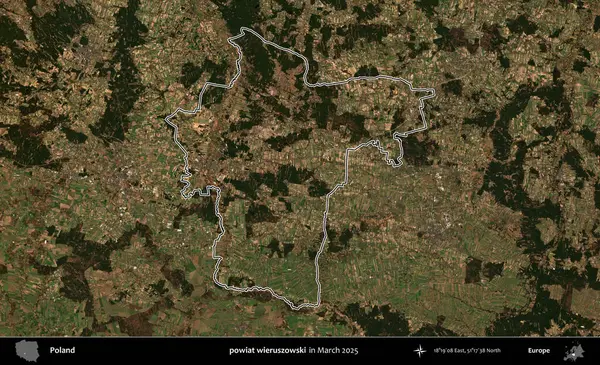 powiat wieruszowski. Polonya 'nın idari bölgesinin ana hatları, Mart 2025' te çekilen Kopernik Nöbetçi karolarından oluşan bir uydu görüntüsü üzerine çizildi.