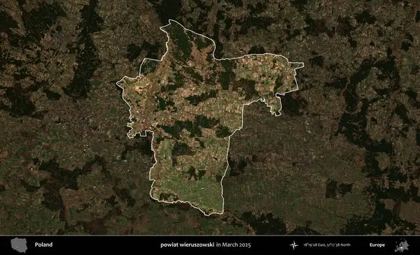 powiat wieruszowski. Polonya 'nın idari alanı, Mart 2025' te çekilen Kopernik Nöbetçi karolarından oluşan koyu renkli bir uydu görüntüsü üzerine vurgulandı ve özetlendi