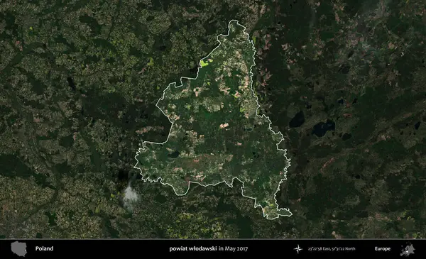 powiat wlodawski. Polonya 'nın idari alanı, Mayıs 2017' de çekilen Kopernik Nöbetçi karolarından oluşan koyu renkli bir uydu görüntüsü üzerinde vurgulandı ve özetlendi.