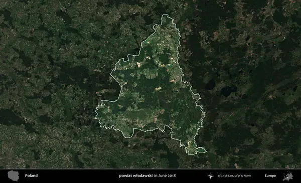 powiat wlodawski. Polonya 'nın idari alanı, Haziran 2018' de çekilen Kopernik Nöbetçi karolarından oluşan koyu renkli bir uydu görüntüsüyle vurgulandı ve özetlendi