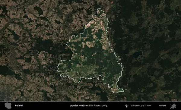 powiat wlodawski. Polonya 'nın idari alanı, Ağustos 2019' da çekilen Kopernik Nöbetçi karolarından oluşan koyu renkli bir uydu görüntüsü üzerine vurgulandı ve özetlendi.