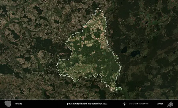 powiat wlodawski. Polonya 'nın idari alanı, Eylül 2023' te çekilen Kopernik Nöbetçi karolarından oluşan koyu renkli bir uydu görüntüsü üzerine vurgulandı ve özetlendi.