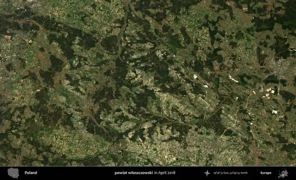 powiat wloszczowski. Nisan 2018 'de çekilen Kopernik Sentinel karolarından oluşan bir uydu görüntüsü üzerine Polonya' nın idari bölgesi