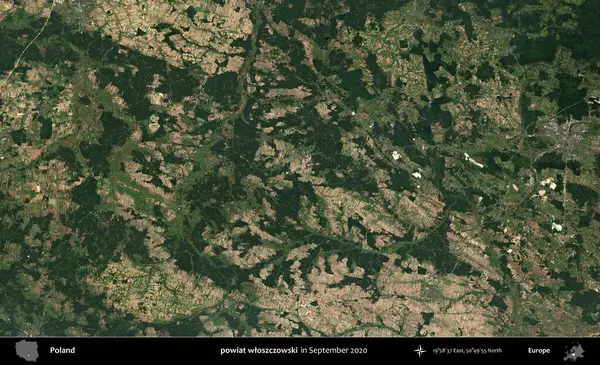 powiat wloszczowski. Eylül 2020 'de Copernicus Sentinel karolarından oluşan bir uydu görüntüsü üzerine Polonya' nın idari bölgesi