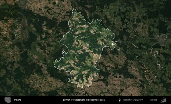 powiat wloszczowski. Polonya 'nın idari alanı, Eylül 2023' te çekilen Kopernik Nöbetçi karolarından oluşan koyu renkli bir uydu görüntüsü üzerine vurgulandı ve özetlendi.