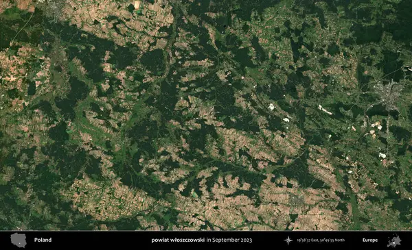 powiat wloszczowski. Eylül 2023 'te Copernicus Sentinel karolarından oluşan uydu görüntüsü üzerine Polonya' nın idari bölgesi