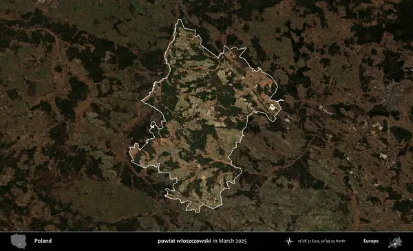 powiat wloszczowski. Polonya 'nın idari alanı, Mart 2025' te çekilen Kopernik Nöbetçi karolarından oluşan koyu renkli bir uydu görüntüsü üzerine vurgulandı ve özetlendi