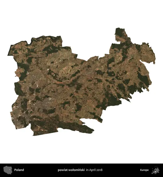 powiat wolominski. Polonya idari bölgesi, Nisan 2018 'de çekilen Kopernik Nöbetçi karolarından oluşan bir uydu görüntüsü üzerinde beyaza izole edildi.