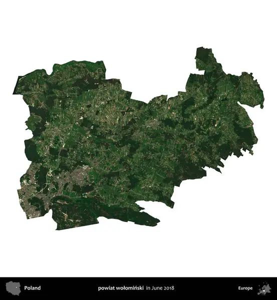 powiat wolominski. Polonya idari bölgesi, Haziran 2018 'de çekilen Kopernik Nöbetçi karolarından oluşan bir uydu görüntüsü üzerinde beyaza izole edildi.